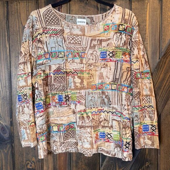 Chicos Tribal Art Aztec Long Sleeve Top - Picture 1 of 3